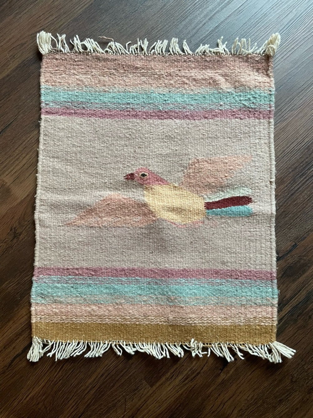 VTG Mexican Hand Woven Wool Wall Hanging Table Cover Bird Southwestern 15x20”
